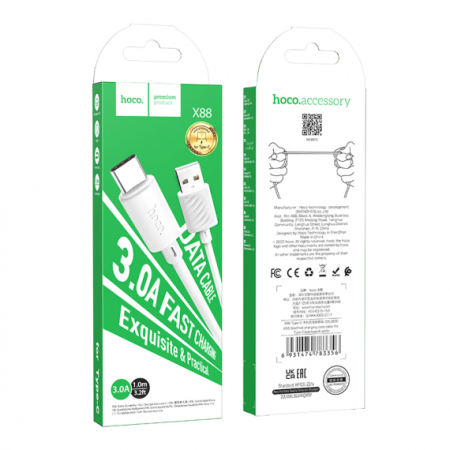 Cabluri telefoane - Hoco (X88) - Cablu Date si Incarcare, USB-A la USB-C, 18W, 2.4A, 1m, White