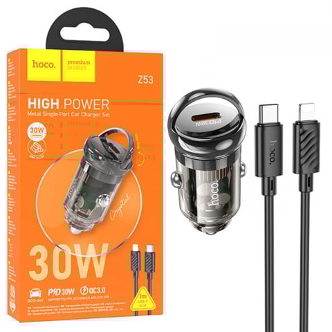 Incarcatoare - Hoco (Z53) - Incarcator Auto + Cablu Lightning, 30W, 1xUSB-C, PD, Ring-Pull | BLACK