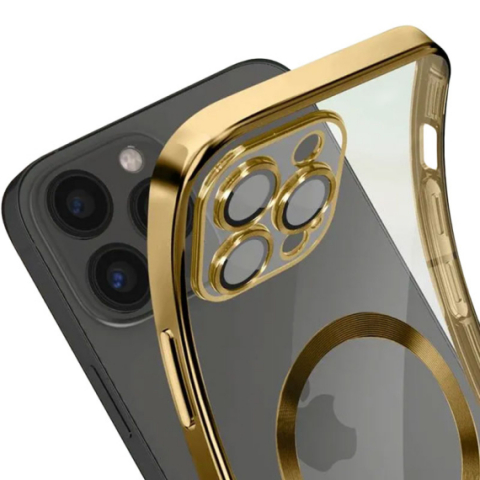 Huse - Husa Plating - iPhone 15 Pro Max - silicon cu MagSafe, Slim, Clear, Gold