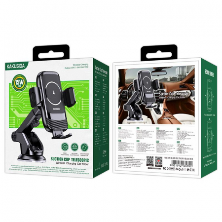 Suport auto - Kaku (KSC-1183) - Suport Auto, Wireless cu incarcare Wireless, 15W, fixare dubla, montaj Bord, cleme laterale, AutoGravity, 360°, Black