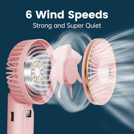 Premium Mini Hand Fan (M12) - with LED Digital Display, USB-C Rechargeable, 6 Wind Speeds, 5000mAh - Pink [5]