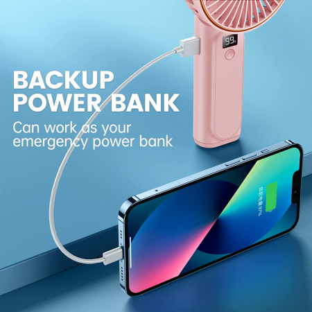 Premium Mini Hand Fan (M12) - with LED Digital Display, USB-C Rechargeable, 6 Wind Speeds, 5000mAh - Pink [3]