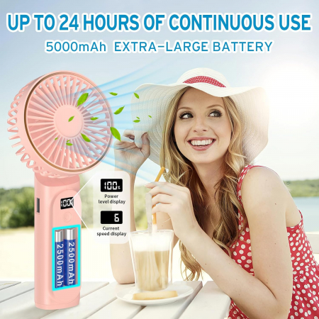 Premium Mini Hand Fan (M12) - with LED Digital Display, USB-C Rechargeable, 6 Wind Speeds, 5000mAh - Pink [2]