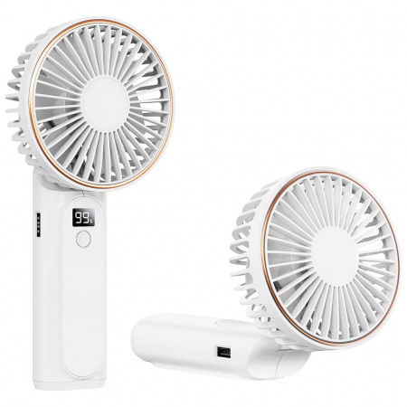 Altele - Premium Mini Hand Fan (M12) - with LED Digital Display, USB-C Rechargeable, 6 Wind Speeds, 5000mAh - White