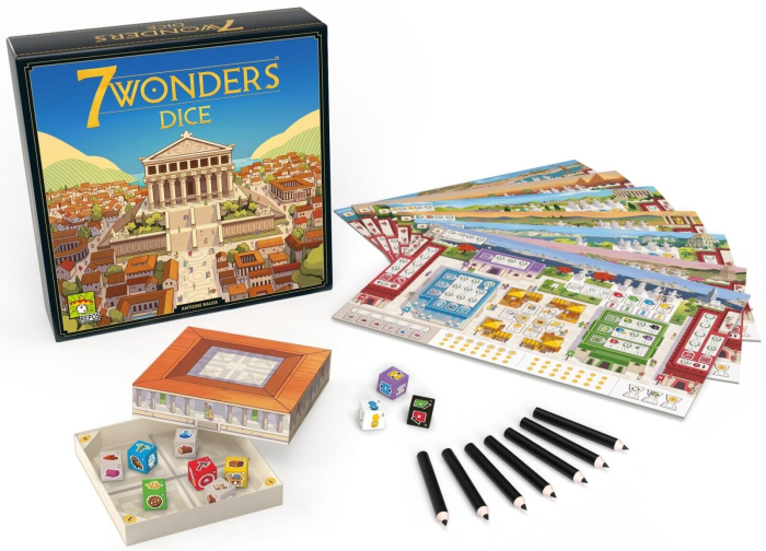 7 Wonders Dice joc de societate roll and write in limba engleza - cutia Forumului cu zaruri si plansa cu civilizatii antice [2]