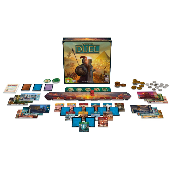 7 Wonders Duel joc de societate pentru 2 jucatori in limba romana - cutia jocului si cartile cu civilizatii antice [2]