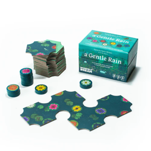 A Gentle Rain Hobby Edition joc de societate cozy in limba engleza - cutia compacta si piesele hexagonale cu nuferi [2]