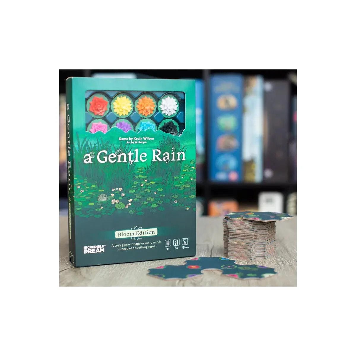 A Gentle Rain Hobby Edition joc de societate cozy in limba engleza - cutia compacta si piesele hexagonale cu nuferi [3]