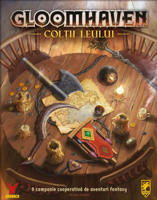 Gloomhaven Coltii Leului joc cooperativ tactic in limba romana - cutia jocului si componentele cu personaje si scenarii [2]