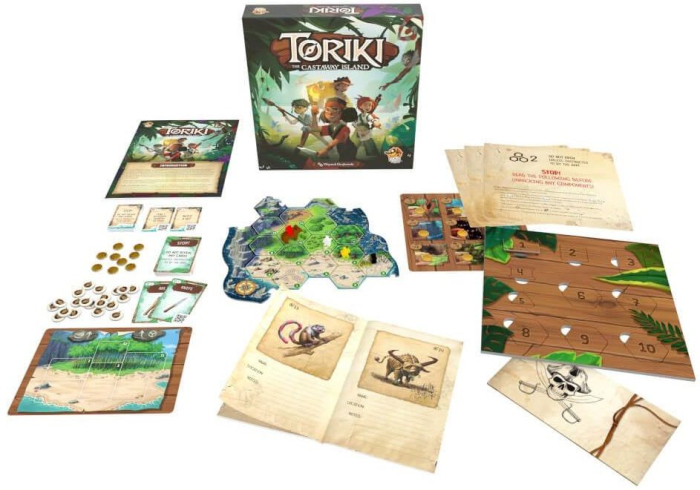 Toriki The Castaway Island joc cooperativ de aventura in limba engleza - cutia jocului si componentele cu harta insulei [2]