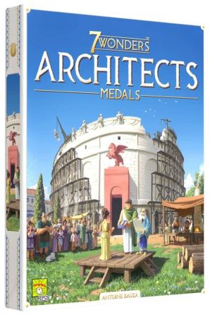 Antichitate - 7 Wonders Architects Medals extensie joc de societate in limba romana - cutia extensiei cu Colosseumul Romei si Ziguratul din Ur