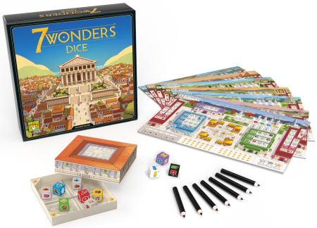 7 Wonders Dice joc de societate roll and write in limba engleza - cutia Forumului cu zaruri si plansa cu civilizatii antice [1]