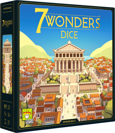 Antichitate - 7 Wonders Dice joc de societate roll and write in limba engleza - cutia Forumului cu zaruri si plansa cu civilizatii antice