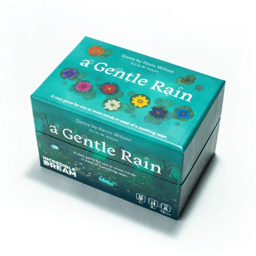 Abstract - A Gentle Rain Hobby Edition joc de societate cozy in limba engleza - cutia compacta si piesele hexagonale cu nuferi