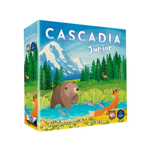 Jocuri pentru copii - Cascadia Junior joc familie in limba romana - cutia jocului si plansa cu animale si habitate din Pacific Northwest