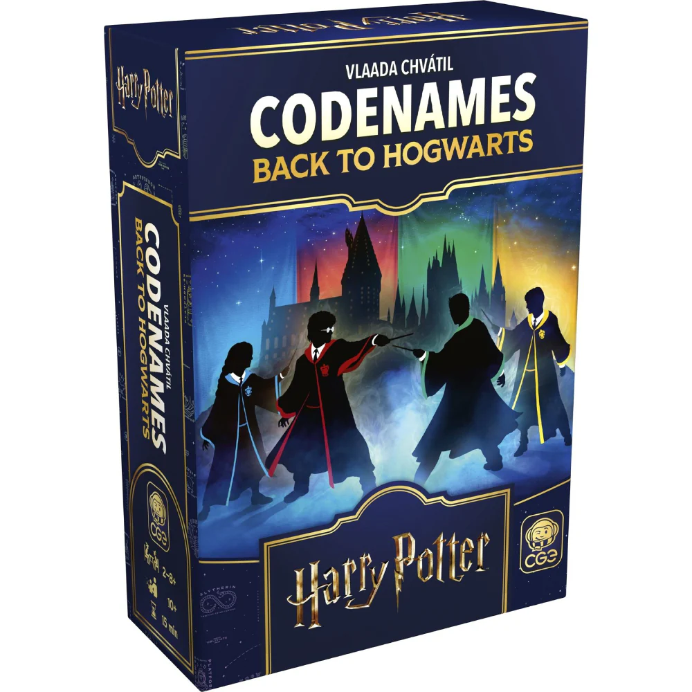 Deductie - Codenames Back to Hogwarts joc de societate petrecere in limba engleza - cutia jocului si cardurile cu casele Hogwarts