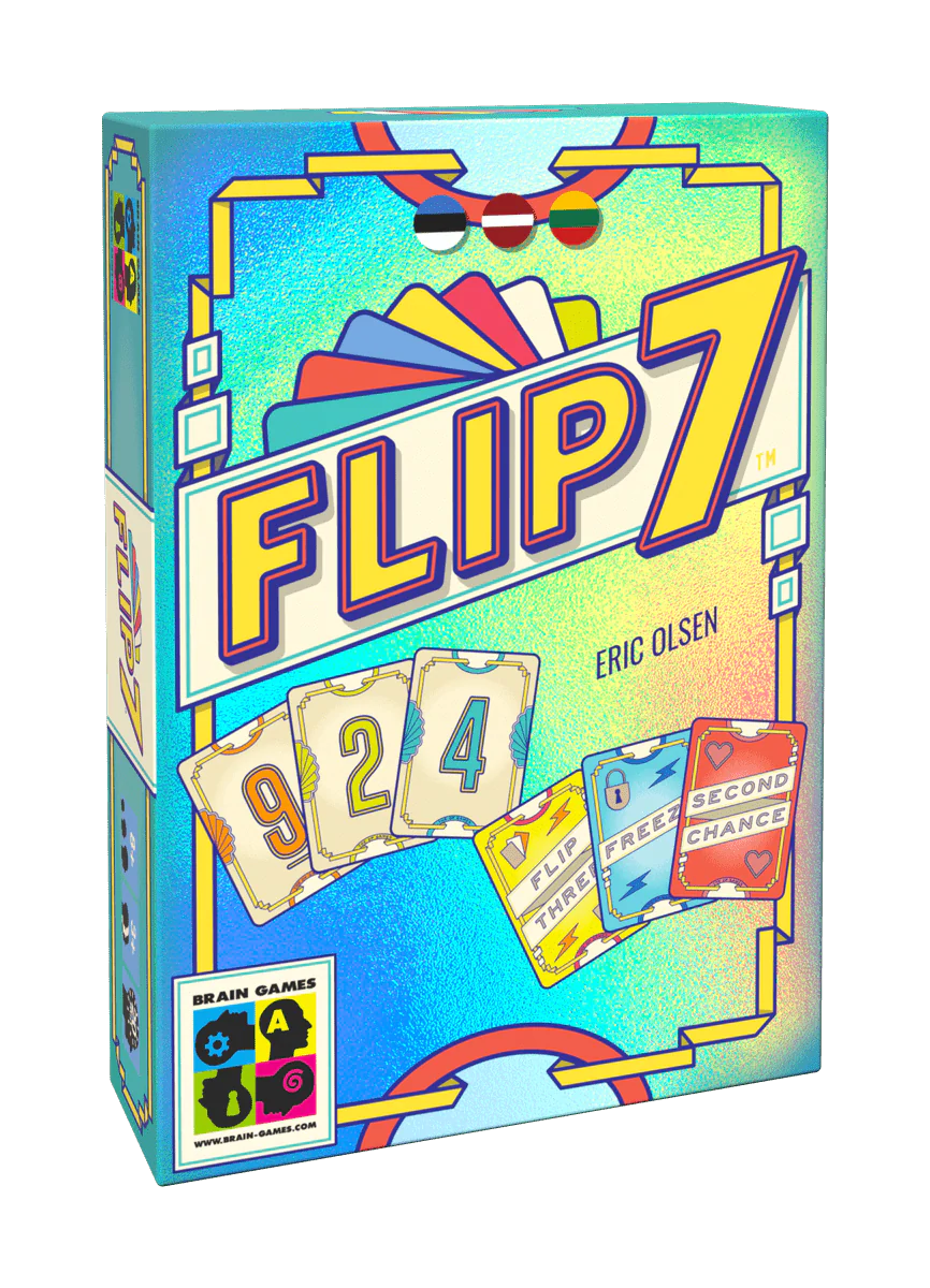 Jocuri de Societate - Flip 7 joc de carti push your luck in limba engleza - cutia jocului si cartile numerice cu modificatori