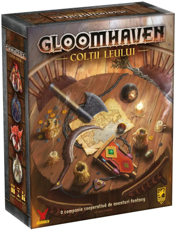 Explorare - Gloomhaven Coltii Leului joc cooperativ tactic in limba romana - cutia jocului si componentele cu personaje si scenarii