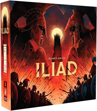 Top jocuri abstracte - Iliad joc de societate strategie pentru 2 jucatori in limba engleza - cutia jocului si plansa cu piesele Razboiului Troian