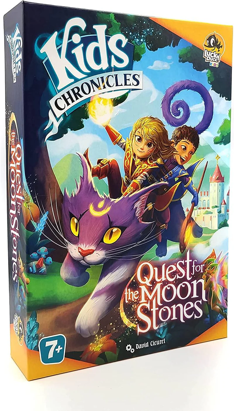 Explorare - Kids Chronicles Quest for the Moon Stones joc cooperativ copii in limba engleza - cutia jocului si plansa cu cele doua regate fermecate
