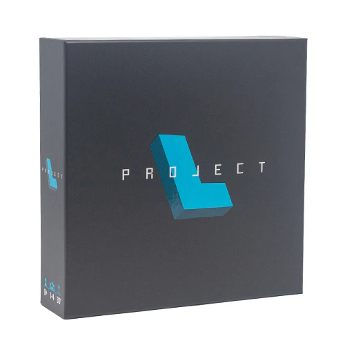 Sub 30 minute - Project L joc de societate puzzle Tetris in limba engleza - cutia jocului si piesele acrilice colorate cu cartonase de puzzle