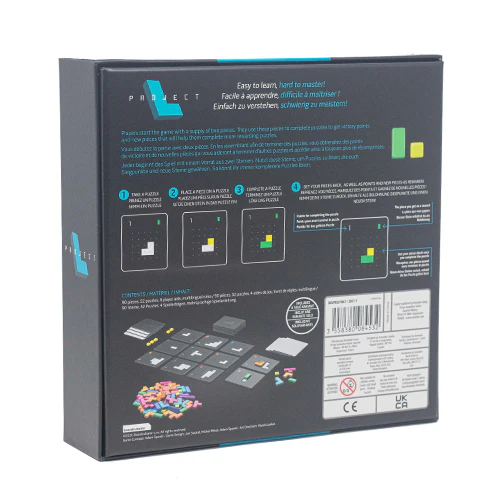 Project L joc de societate puzzle Tetris in limba engleza - cutia jocului si piesele acrilice colorate cu cartonase de puzzle [1]