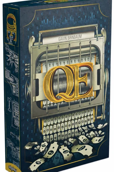 Jocuri de comert si economie - QE Quantitative Easing joc de societate licitatie in limba engleza - cutia jocului si plansele cu banci centrale