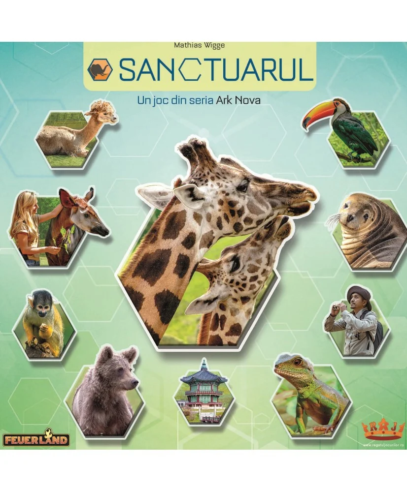 Animale - Sanctuarul Sanctuary joc de societate strategie in limba romana - cutia jocului si piesele hexagonale cu animale
