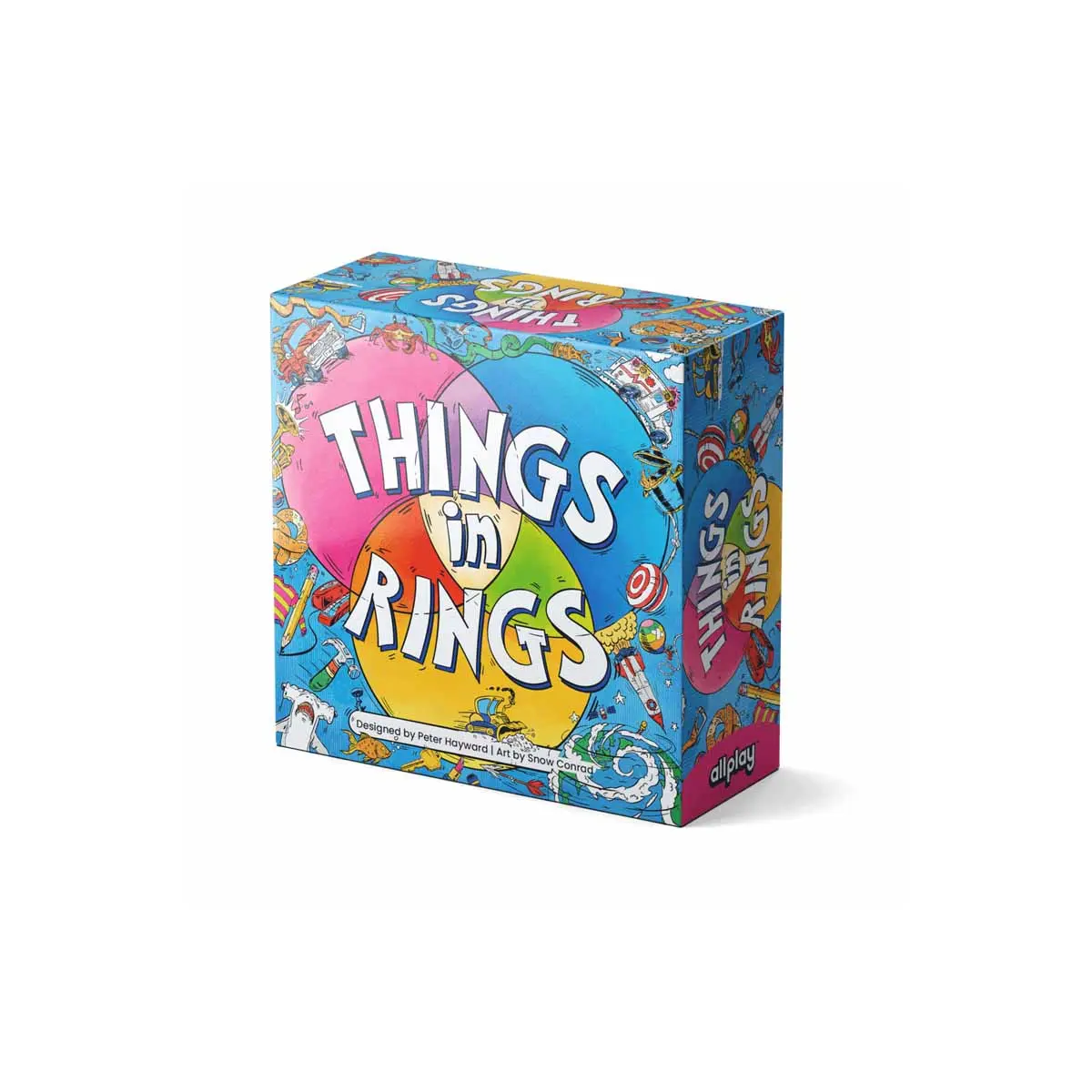 Things In Rings joc de societate petrecere in limba engleza - cutia jocului si inelele colorate cu cartile cu obiecte
