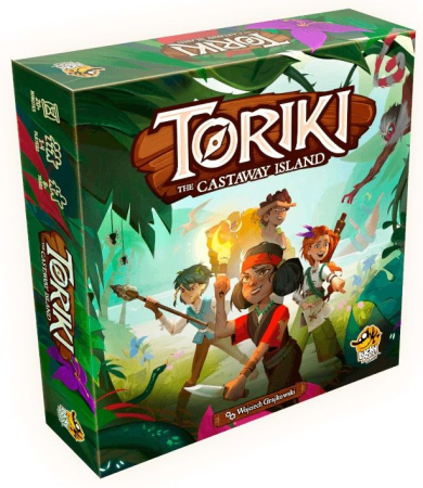 Explorare - Toriki The Castaway Island joc cooperativ de aventura in limba engleza - cutia jocului si componentele cu harta insulei