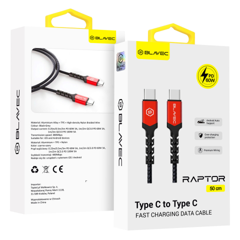 Cablu Blavec Raptor USB-C 0,5m impletit negru-rosu 60W [5]