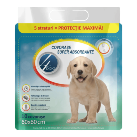 Igiena caini - 4DOG Covorase Igienice pentru Caini 60x60 cm, 10 Buc | Superabsorbante cu Benzi Adezive | Pentru Dresaj si Protectia Podelei