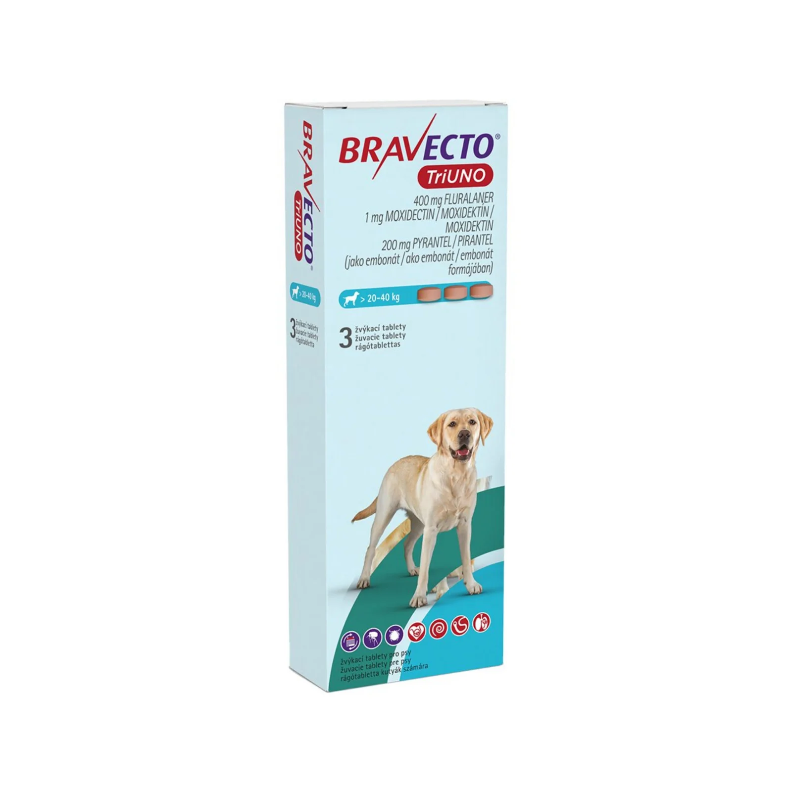 Produse deparazitare - BRAVECTO TRIUNO antiparazitar intern si extern pentru caini 400mg (20-40 kg) - 1 tableta masticabila