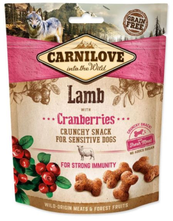 Recompense caini - CARNILOVE Crunchy Recompense pentru câini, cu Miel şi Merişoare 200g