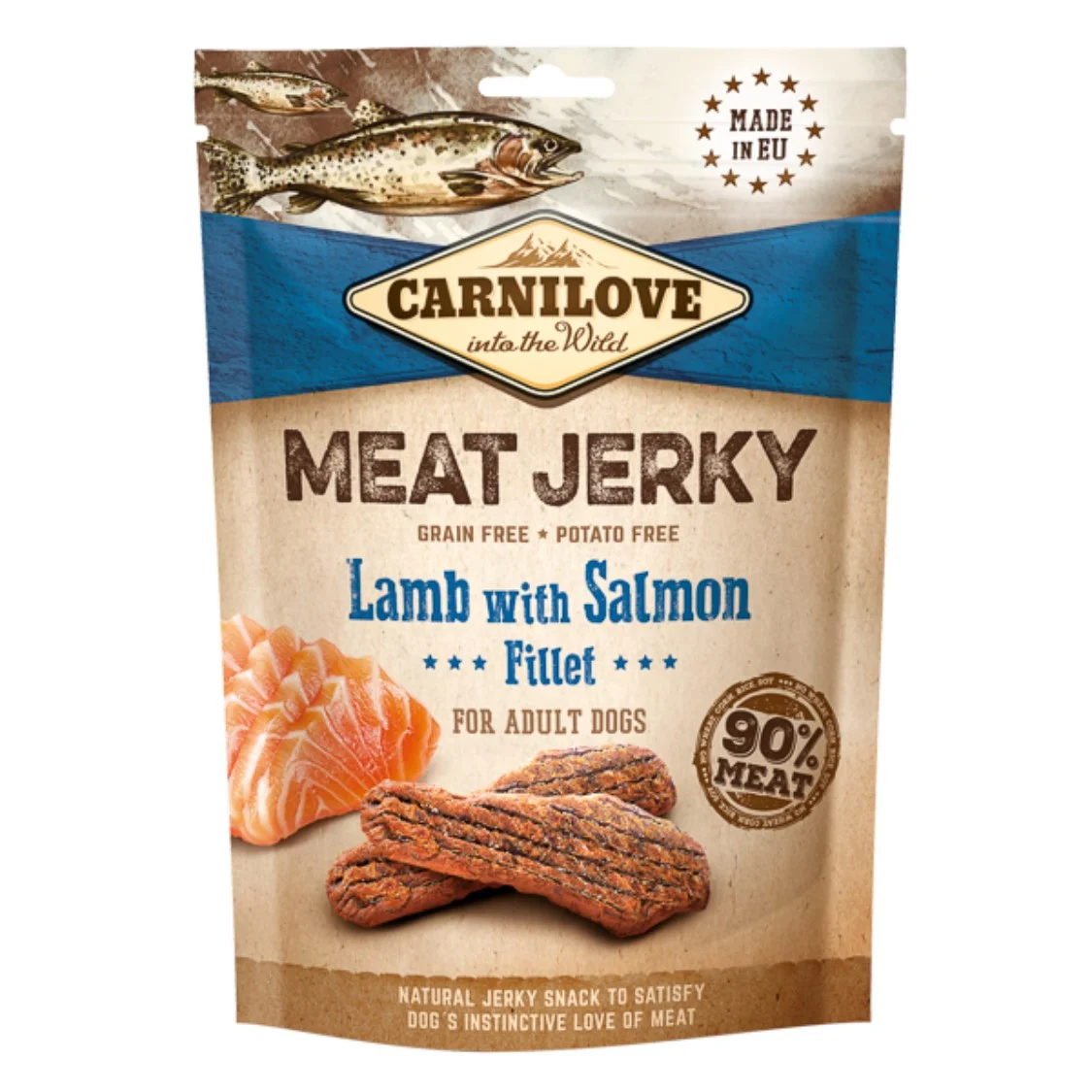 Hrana caini - CARNILOVE Jerky Recompensă pentru câini, File de miel şi somon 100g