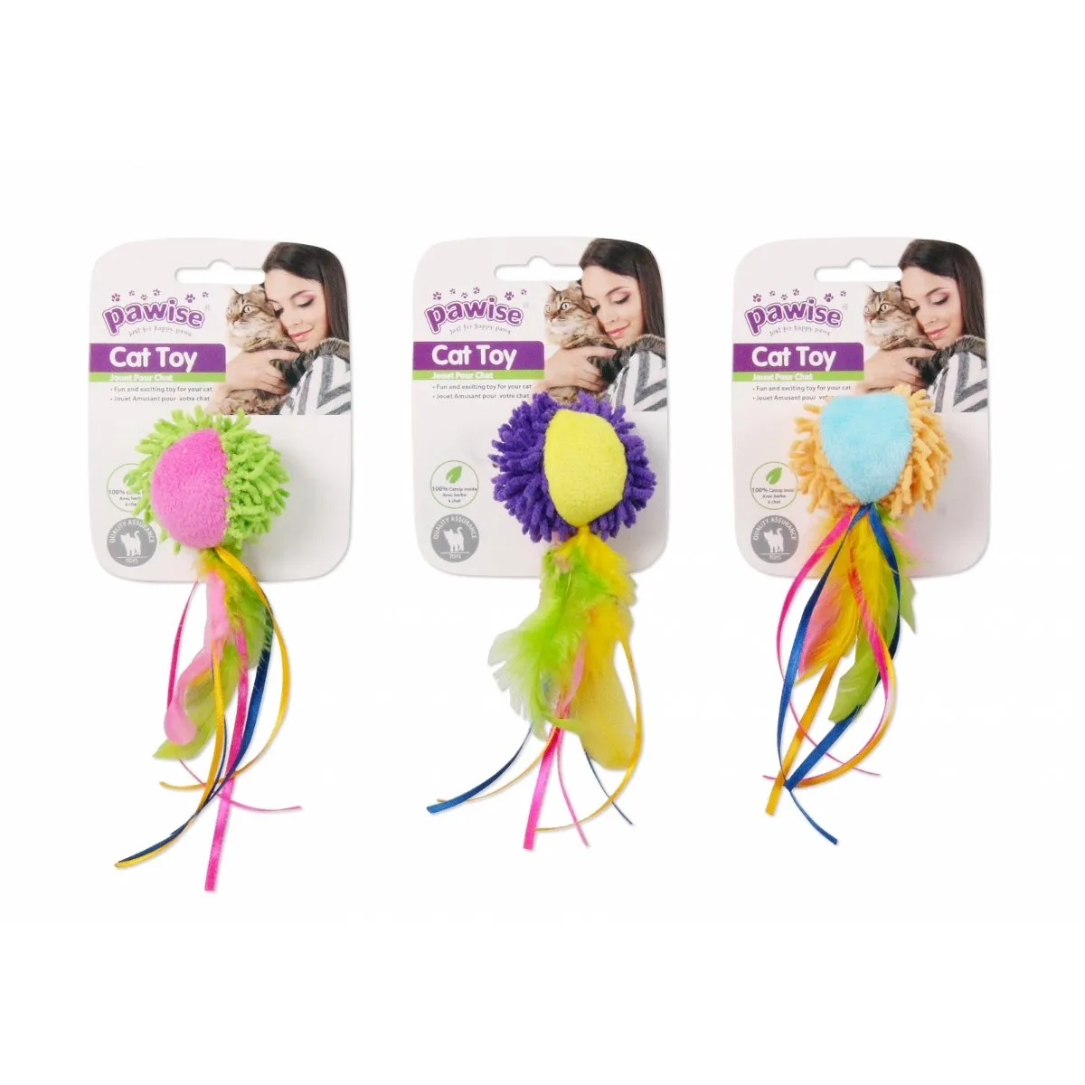 Accesorii pisici - PAWISE Minge cu Pene si Panglici, jucărie de pluș pisici, pluș, catnip, activități fizice, diverse culori, 9.5 x 15 x 4.5 cm
