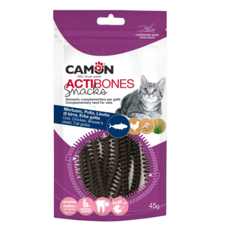 Recompense pisici - Recompense pentru pisici Camon Actibones Snack cu cod si pui 45 gr