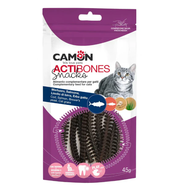 Recompense pisici - Recompense pentru pisici, Camon, Actibones Snack cu cod si somon, 45 g