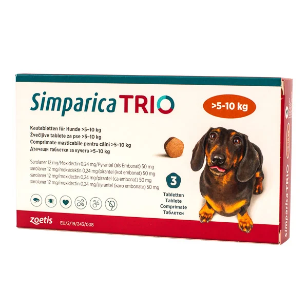 Caini - Simparica Trio Antiparazitar pentru Caini 1 Comprimat S (5.1-10 kg)