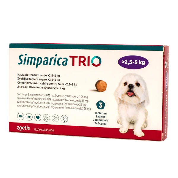 Caini - Simparica Trio Antiparazitar pentru Caini 1 Comprimat XS (2.5-5 Kg)