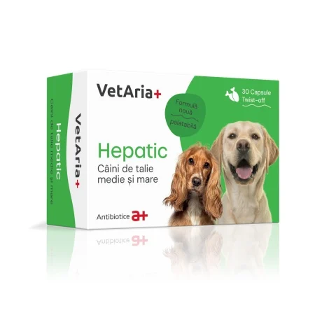 Vitamine suplimente caini - VetAria+ Hepatic Câini de talie medie și mare, 30 capsule twist off, palatabile, cu aromă de pui