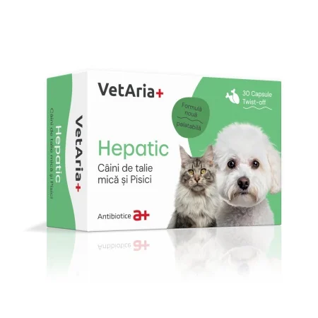Vitamine suplimente caini - VetAria+ Hepatic Câini de talie mică și pisici, capsule twist off, palatabile, cu aromă de pui