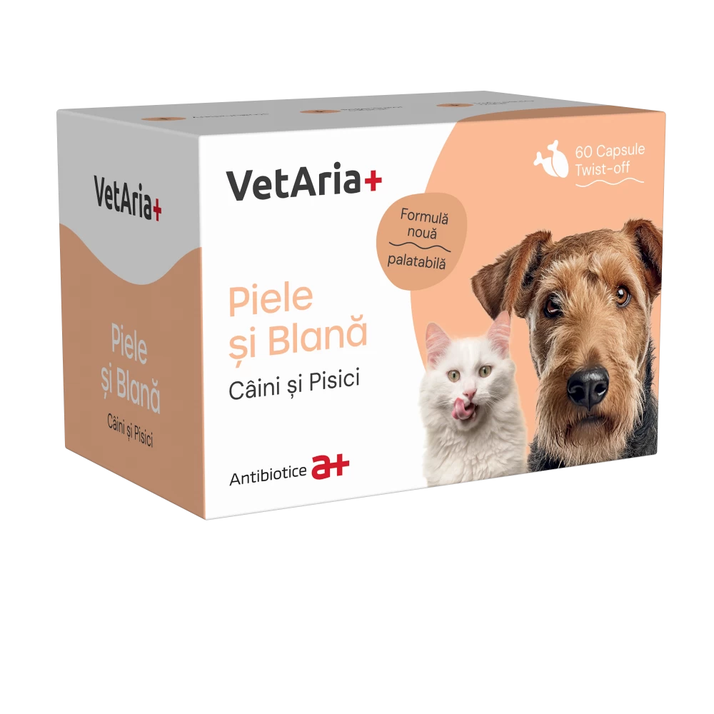 Vitamine suplimente caini - VetAria+ Piele si blana 60 capsule Twist off
