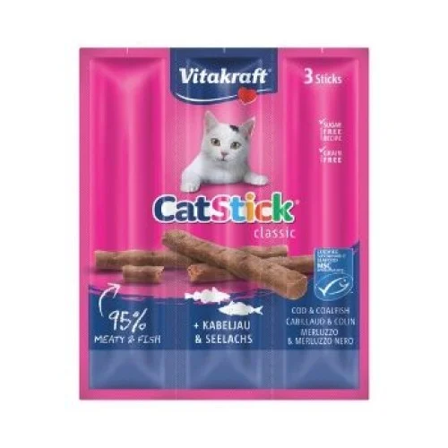 Recompense pisici - Vitakraft Cat Stick Cod si Merluciu, recompense pisici, 3x18G