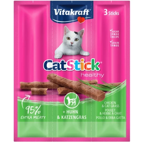 Recompense pisici - Vitakraft cu Pui si Iarba pisicii, recompensa pisici, 3x 18G