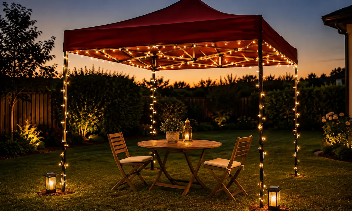 Pavilion 3x3 pe gradina iluminat seara cu siraguri LED warm
