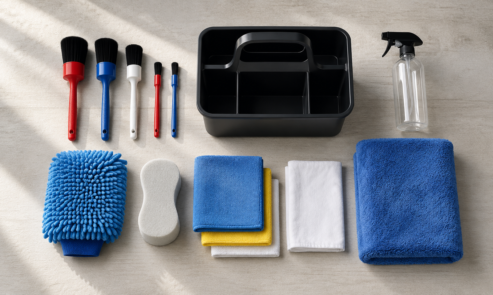 Set complet detailing auto cu perii, microfibre si mit pentru spalat masina acasa