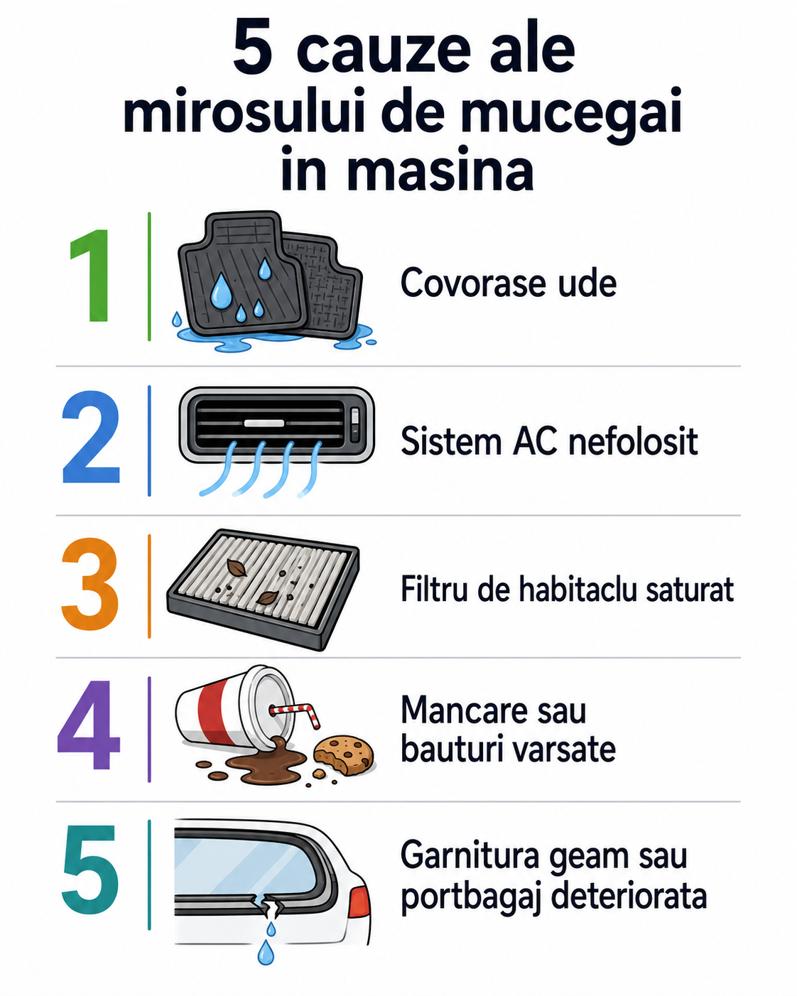 Diagrama 5 cauze ale mirosului de mucegai in interiorul masinii