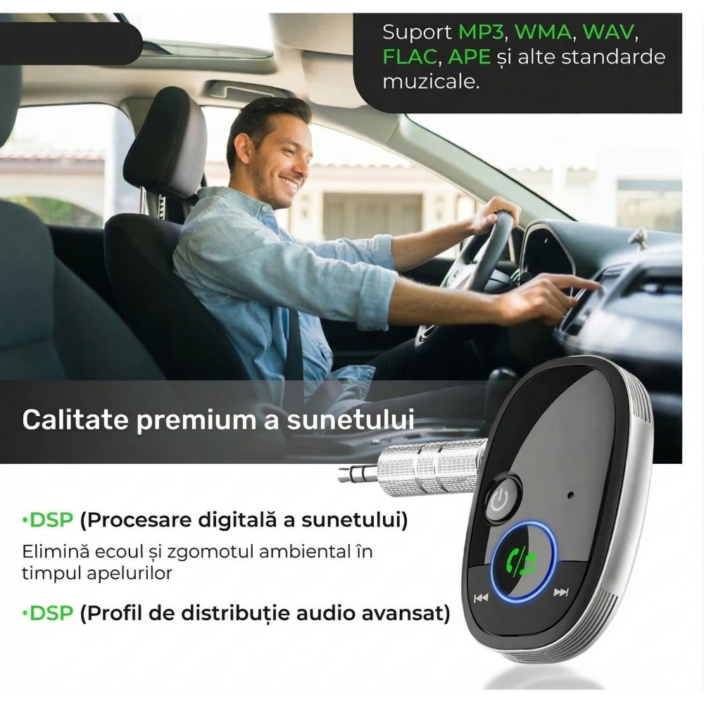 Adaptor auto Bluetooth 5.0, cu jack 3.5 mm, cablu auxiliar inclus, negru [5]