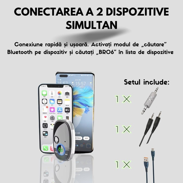 Adaptor auto Bluetooth 5.0, cu jack 3.5 mm, cablu auxiliar inclus, negru [2]